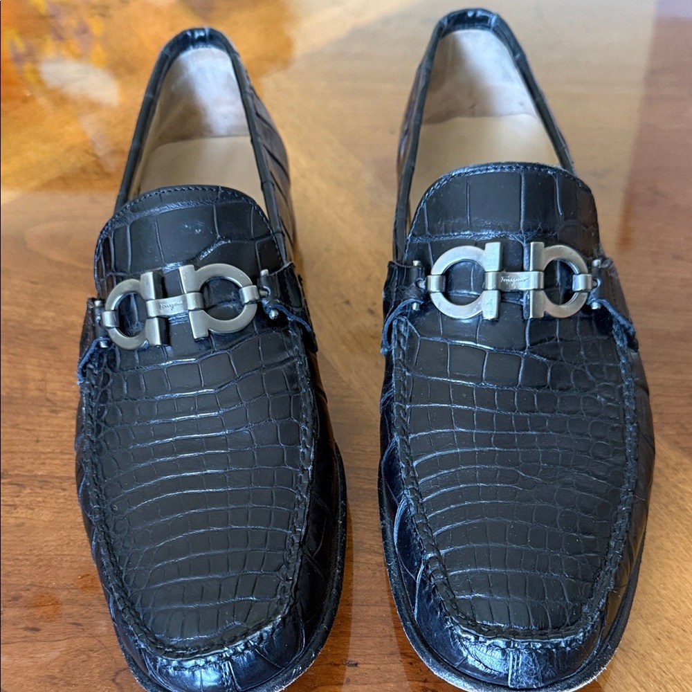 Ferragamo Black Crocodile Loafers